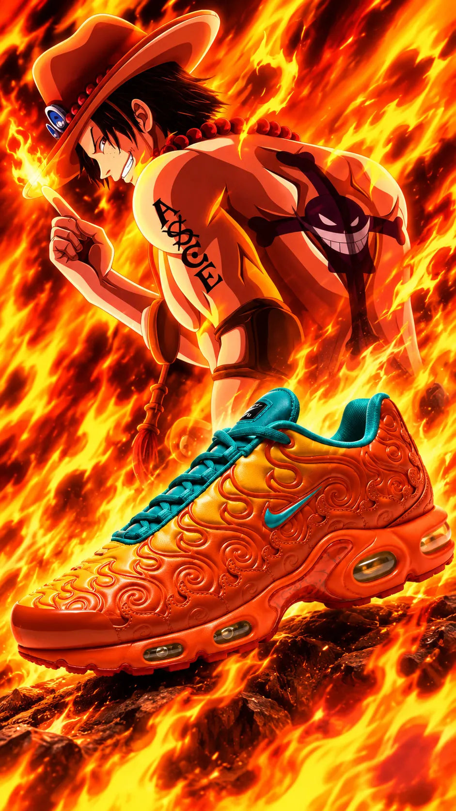 Nike Air Max Plus édition One Piece Ace Mera Mera devant des flammes